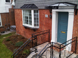 custom metal porch canopy with address handrails and bay window canopy black toronto